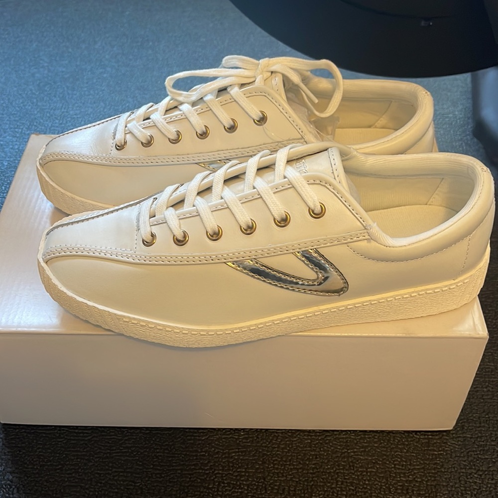 Tretorn White Nylite 2 Plus Sneakers w/ gold and silver metallic details